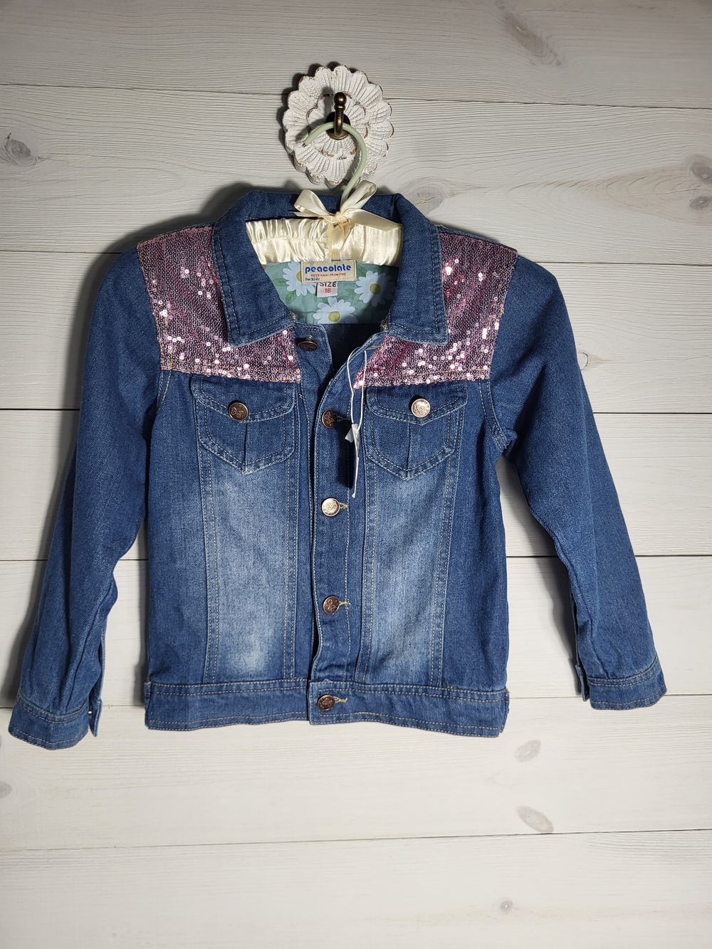 NWT Peacolate Girls Jacket Cotton Distressed Denim Sequins Butterfly Flowers.